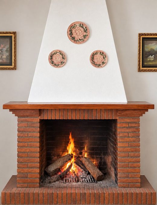 Chimenea de ladrillo encendida, con campana blanca, tres platos de cerámica y dos cuadros